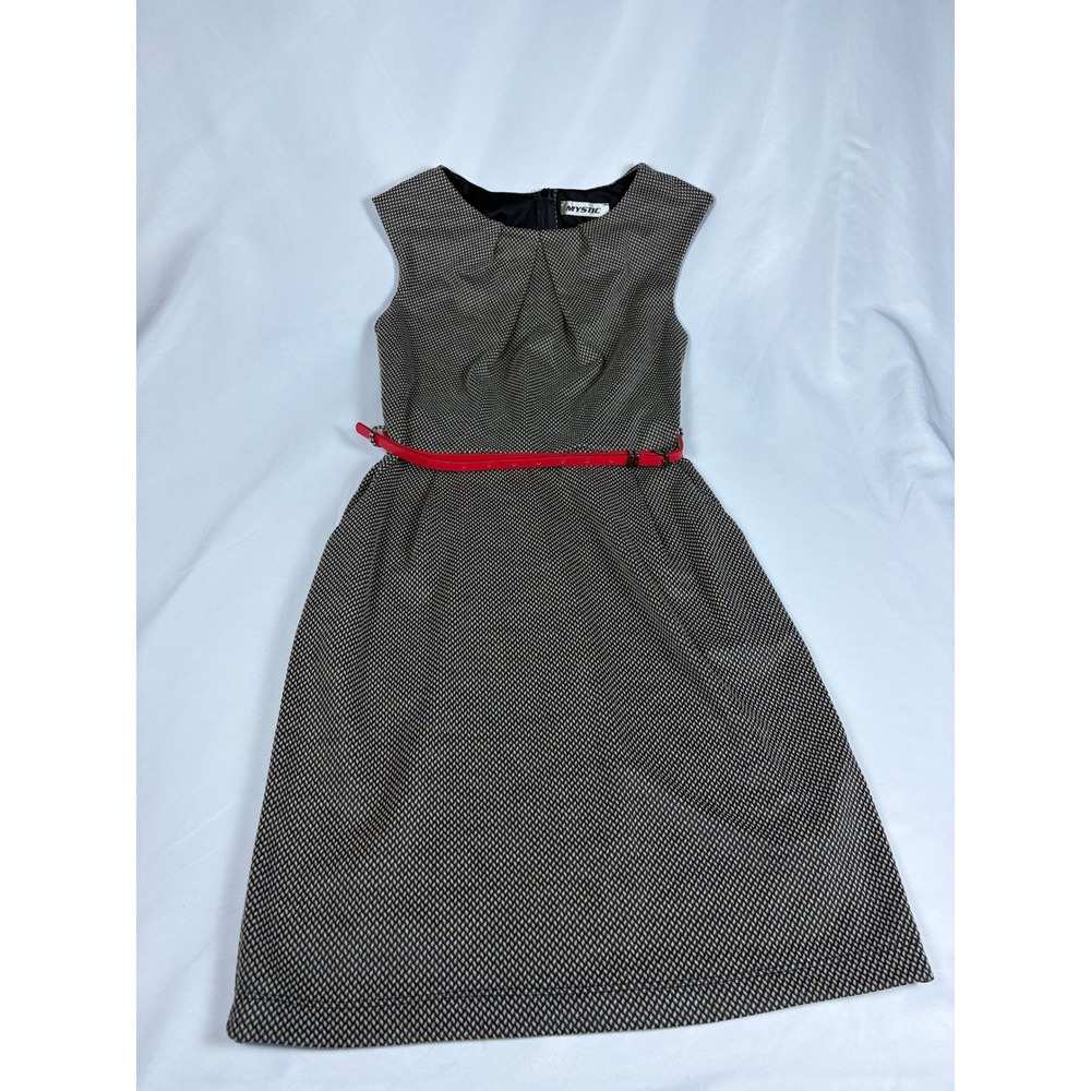 Mystic Womens Textured Geometric Pleated Neck Belted A-Line Dress Black White M